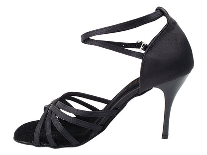 Very Fine 2613LEDSS Black Satin Latin Shoe with 3.5" Stiletto Black Plated Heel and Woven Toe Straps
