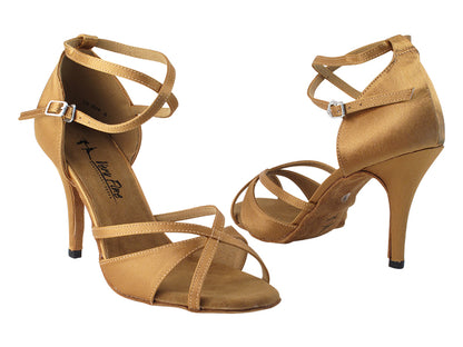 Very Fine 2829LEDSS Brown Satin Latin Shoe with Brown Satin Trim, 3.5" Stiletto Heel, and Double Cross Strap