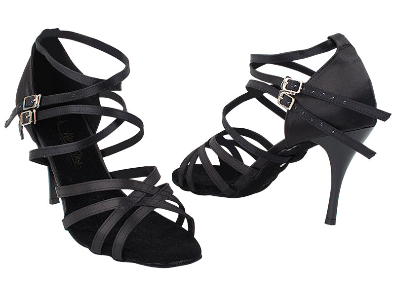 Very Fine 5008LEDSS Black Satin Latin Shoe with 3.5 Inch Black Plated Stiletto Heel and Two Double Cross Straps