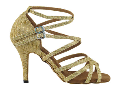 Very Fine 5008LEDSS Gold Glitter Satin Latin Shoe with 3.5 Inch Stiletto Heel and Two Double Cross Straps