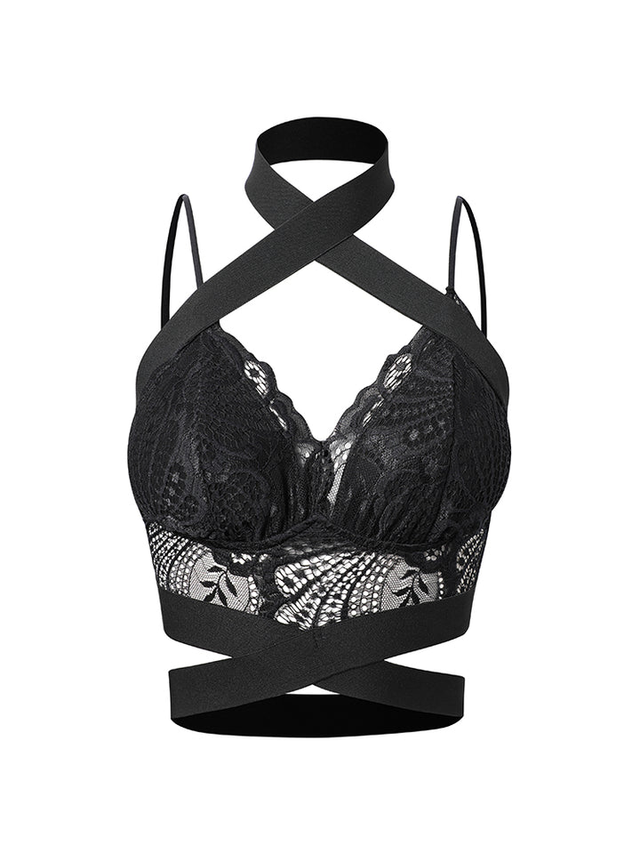 ZYM Dance Style Black Lace Latin Practice Crop Top with V-Neckline, Cross Strap Detailing, and Adjustable Shoulder Straps PRA 915 In Stock
