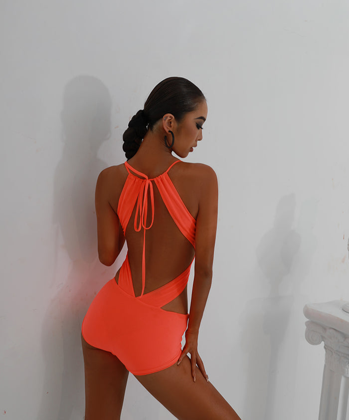ZYM Dance Style Neon Orange Bodysuit with Deep V-Neckline, Sleek Cutouts, and Open Back Sexy Seal Bodysuit Pra807 in Stock