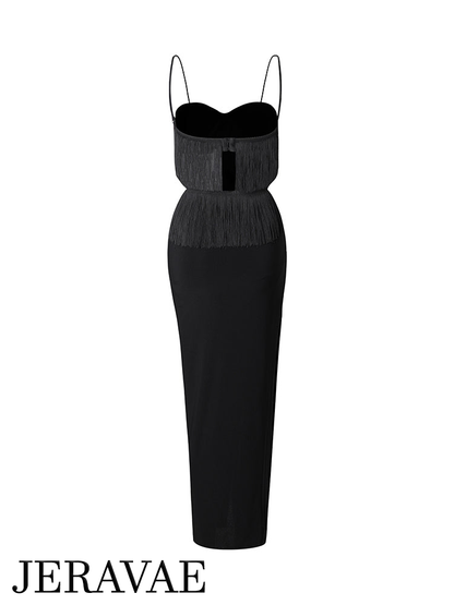 ZYM Dance Style Marvelous Fringe Black Latin Dress with Cutouts and High Slit in Skirt PRA 859 In Stock