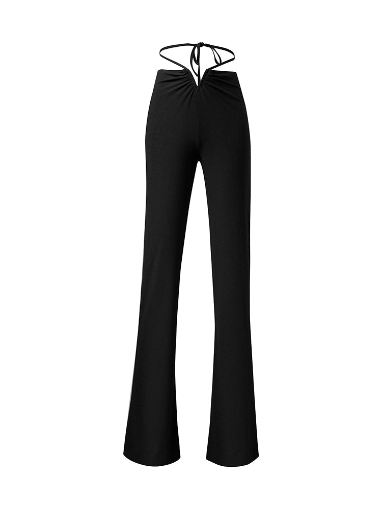 ZYM Dance Style Black Latin Practice Pants with Flared Bottom, Thin Strap Tie-Up, and Metal "V" Detail PRA 912 in Stock