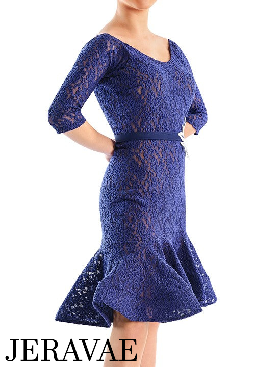 Victoria Blitz Lace Latin Dress with V-Neck, 3/4 Sleeves, and Wide Ribbon Belt Available in 6 Colors PRA 749 in Stock