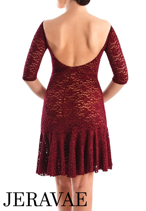 Victoria Blitz Burgundy Lace Latin Dress with V-Neckline, 3/4 Sleeves, and Low Cut Back PRA 750 in Stock