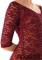 Victoria Blitz Burgundy Lace Latin Dress with V-Neckline, 3/4 Sleeves, and Low Cut Back Pra750 in Stock