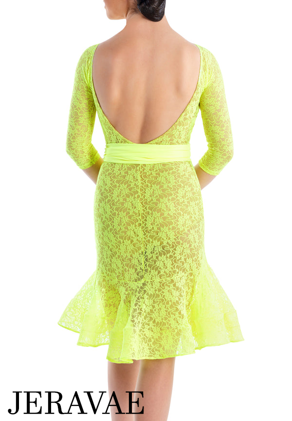 Victoria Blitz Lace Latin Dress with V-Neck, 3/4 Sleeves, and Wide Ribbon Belt Available in 6 Colors PRA 749 in Stock
