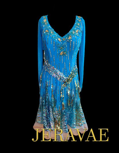 Resale Artistry in Motion Ocean Blue Long Sleeve Latin Dress with Sequins, V-Neckline, Swarovski Stones, Fringe, and Exposed Horsehair Hem Sz M Lat170
