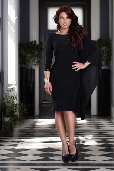 Senga Dancewear ARKAN Black Latin Practice Dress with One 3/4 Length Sleeve and One Loose Sash Sleeve Pra959 in Stock