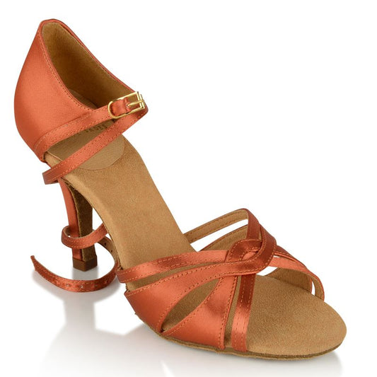 Ray Rose 884-X Aura Dark Tan Satin Ladies Latin Shoe with Partially Closed Front Straps
