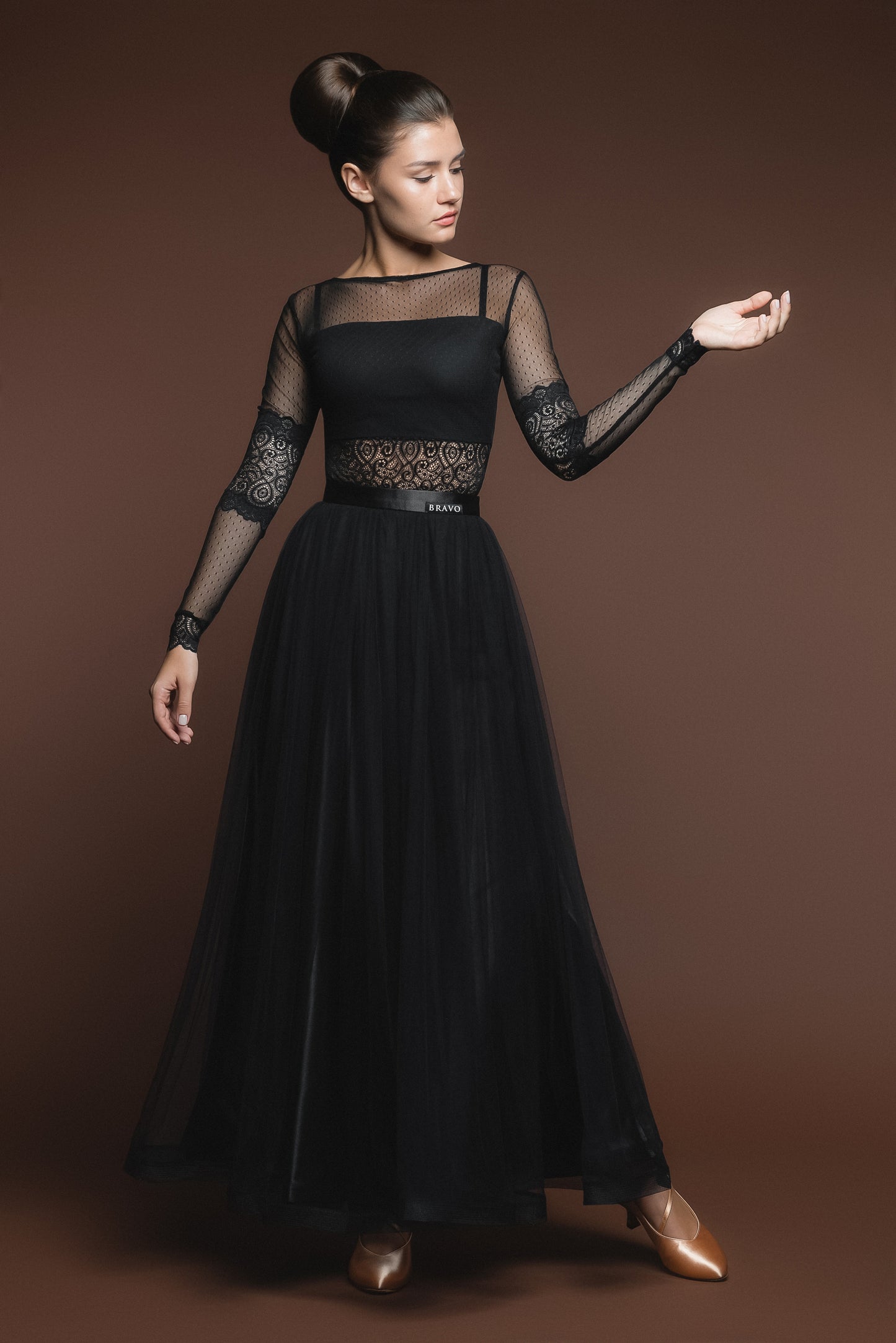 Soft Black Ballroom Practice Skirt with Wrapped Horsehair Hem and Satin Waistband Matching Lace Ballroom Practice Top Pra526