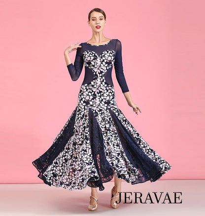 Navy Blue and White Floral Long Ballroom Practice Dress with Long Sleeves and Mesh Inserts PRA 755 In Stock