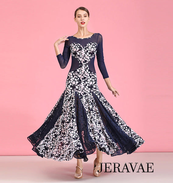 Navy Blue and White Floral Long Ballroom Practice Dress with Long Sleeves and Mesh Inserts Pra755 In Stock