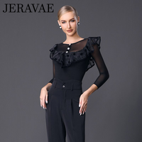 Women's Black Bodysuit Practice Top with Illusion Neckline, Large Ruffle with Velvet Polka Dots and Trim, and 3/4 Length Mesh Sleeves Pra908_in