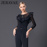 Women's Black Bodysuit Practice Top with Illusion Neckline, Large Ruffle with Velvet Polka Dots and Trim, and 3/4 Length Mesh Sleeves Pra908_in