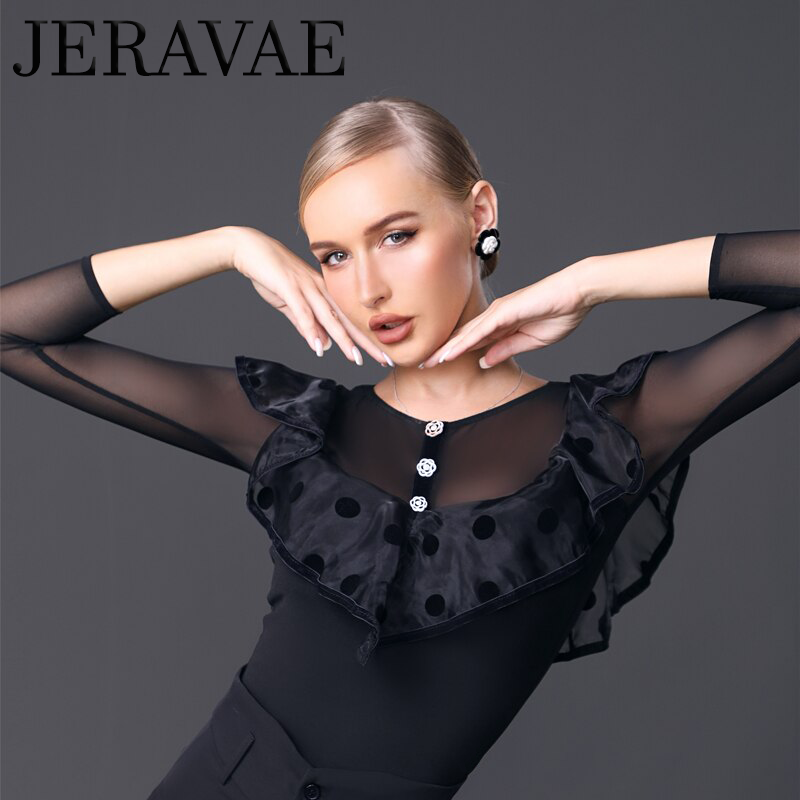 Black Bodysuit Top with Velvet Polka Dots on Large Ruffle and Illusion –  Jeravae