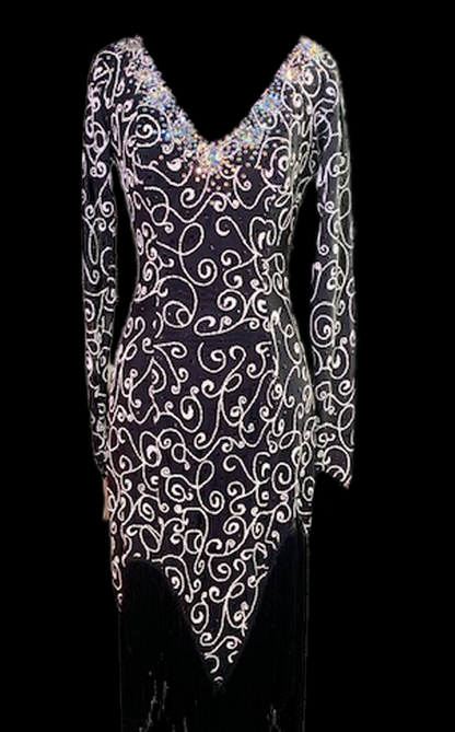 Black Long Sleeve Latin Consignment Dress with V-Neckline, White Filigree Beading, Swarovski Stones, and Asymmetrical Fringe Hem Sz S Lat118