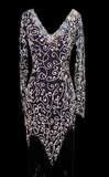 Black Long Sleeve Latin Consignment Dress with V-Neckline, White Filigree Beading, Swarovski Stones, and Asymmetrical Fringe Hem Sz S Lat118