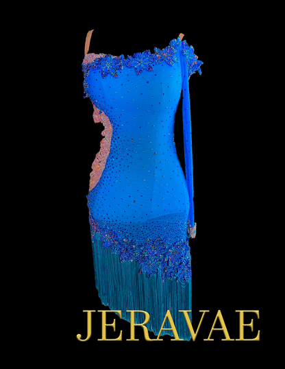 electric blue latin costume dress with swarovski stones and lace appliqué and asymmetrical fringe