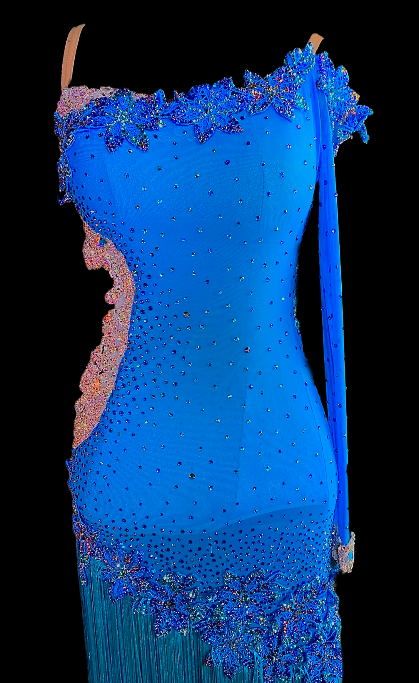 single long sleeve on electric blue latin dress with swarovski stones and lace appliqué