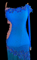 Electric Blue Latin Dress with Single Long Sleeve, Swarovski Stones, Lace Appliqué, Open Side and Back, and Asymmetrical Fringe Skirt Sz S Lat154