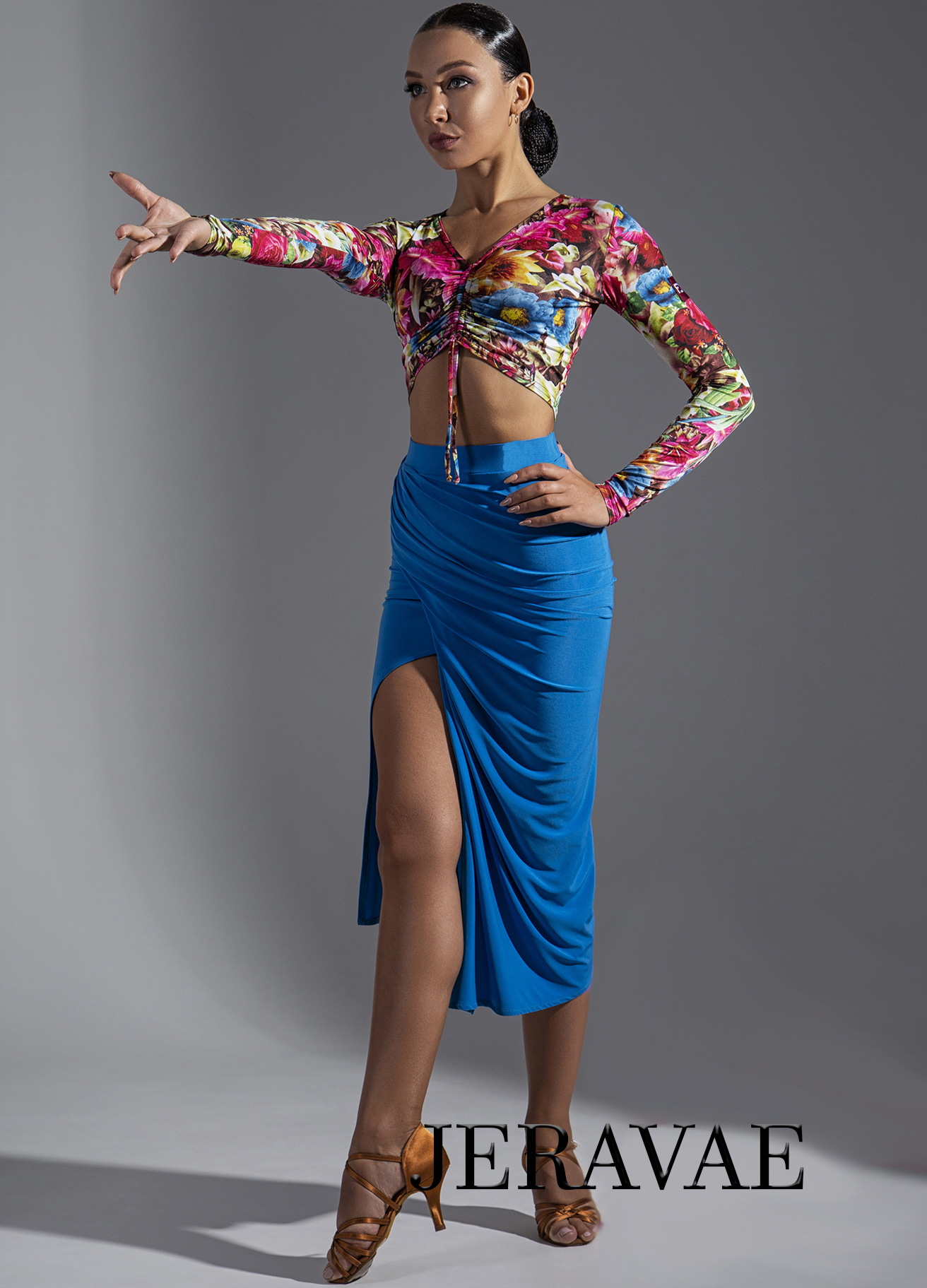 Beautiful Blue Latin Practice Skirt with High Slit and Gathered Detail PRA 587_sale
