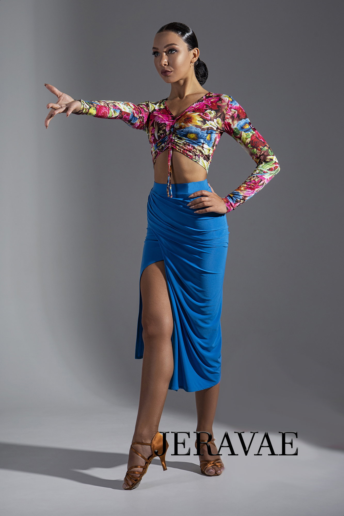 Unique Latin Practice Skirt with Gathered Detail and Slit Available in Blue and Black PRA 587