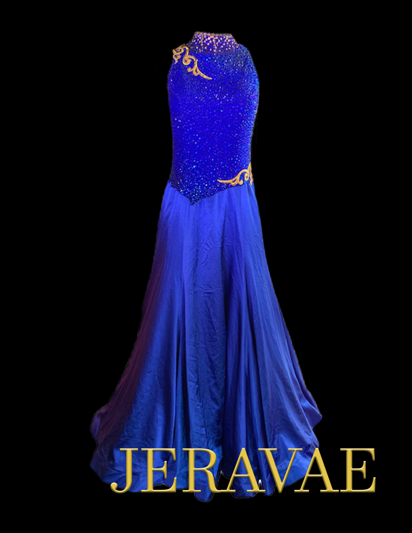 Royal Blue Sleeveless Ballroom Dress with Halter Neckline, Keyhole Back, Gold Lace Appliqués, Swarovski Stones, and Wrapped Horsehair Hem Sz M Smo130