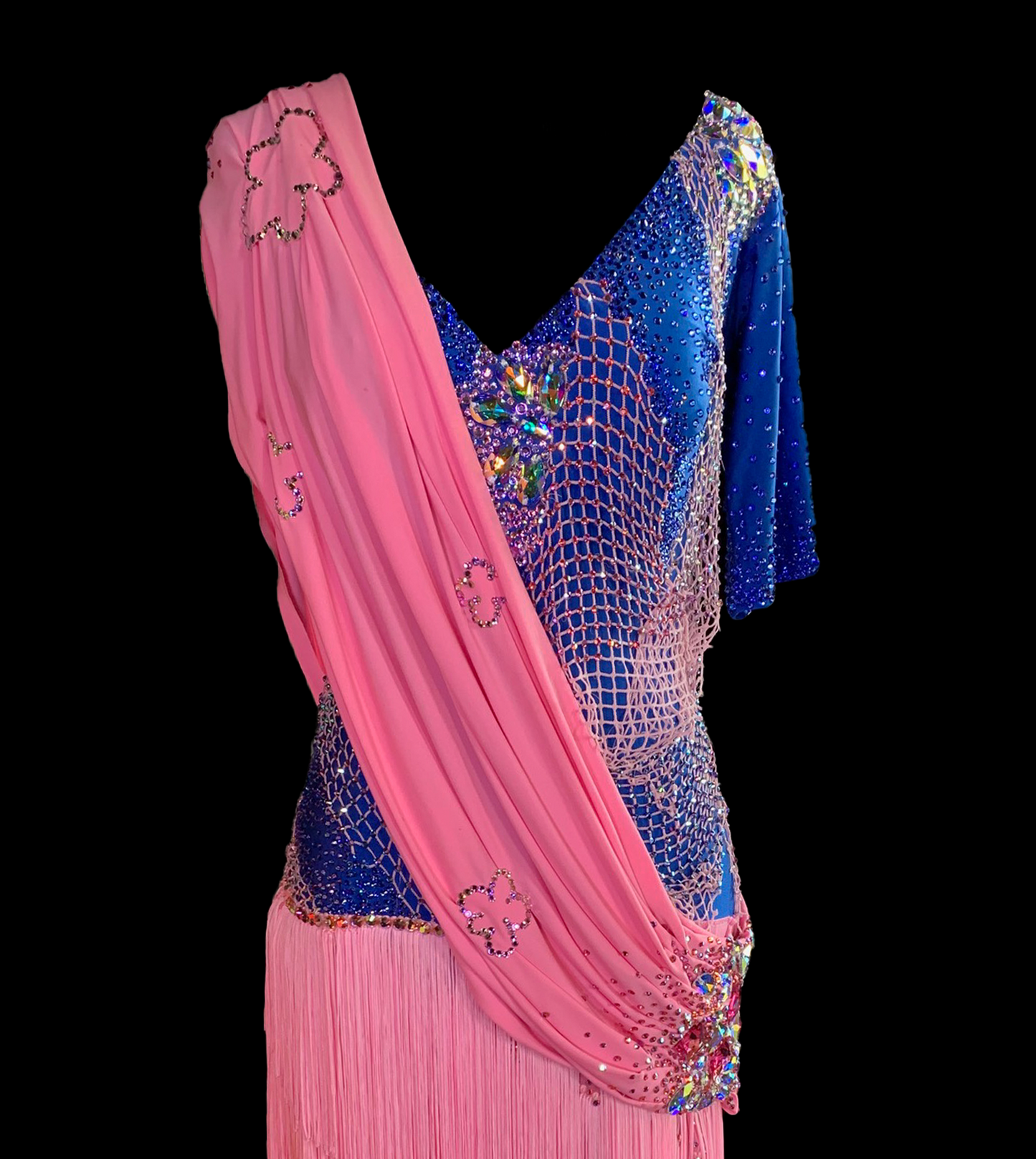 Single Sleeve Blue Latin Dress with Pink Sash, Swarovski Stones, V-Neckline, Fishnet, and Layers of Pink Fringe on Skirt Sz L/XL Lat162