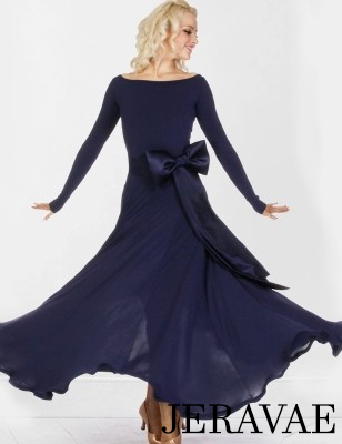 Ballroom Practice Dress with Contrasting Belt and Bow, Long Sleeves, and Soft Hem