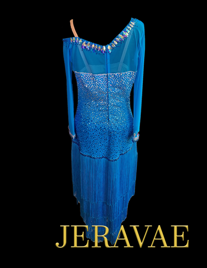Resale Artistry in Motion Blue Latin Dress with Long Mesh Sleeves, Asymmetrical Shoulder, Layered Fringe Skirt, and Swarovski Stones Sz M Lat171