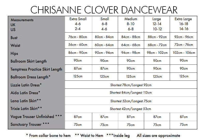 Chrisanne Clover Dancewear size chart