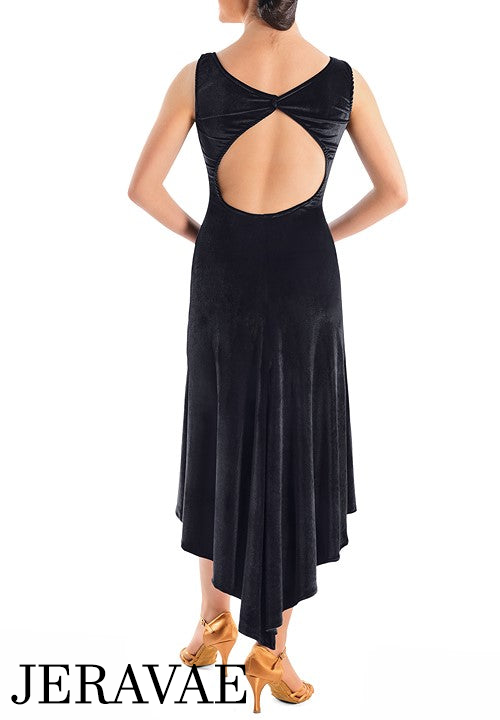 Victoria Blitz Clexa Black Velvet Latin Practice Dress with Boat Neck, Large Keyhole Back, and Asymmetrical Hem PRA 721 in Stock