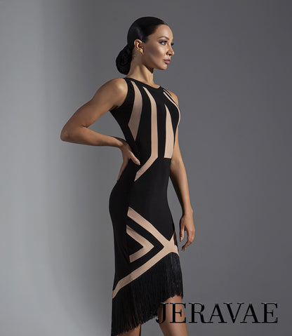 Sleeveless Black and Nude Color Block Latin Practice Dress with Asymmetrical Skirt and Fringe Hem PRA 572