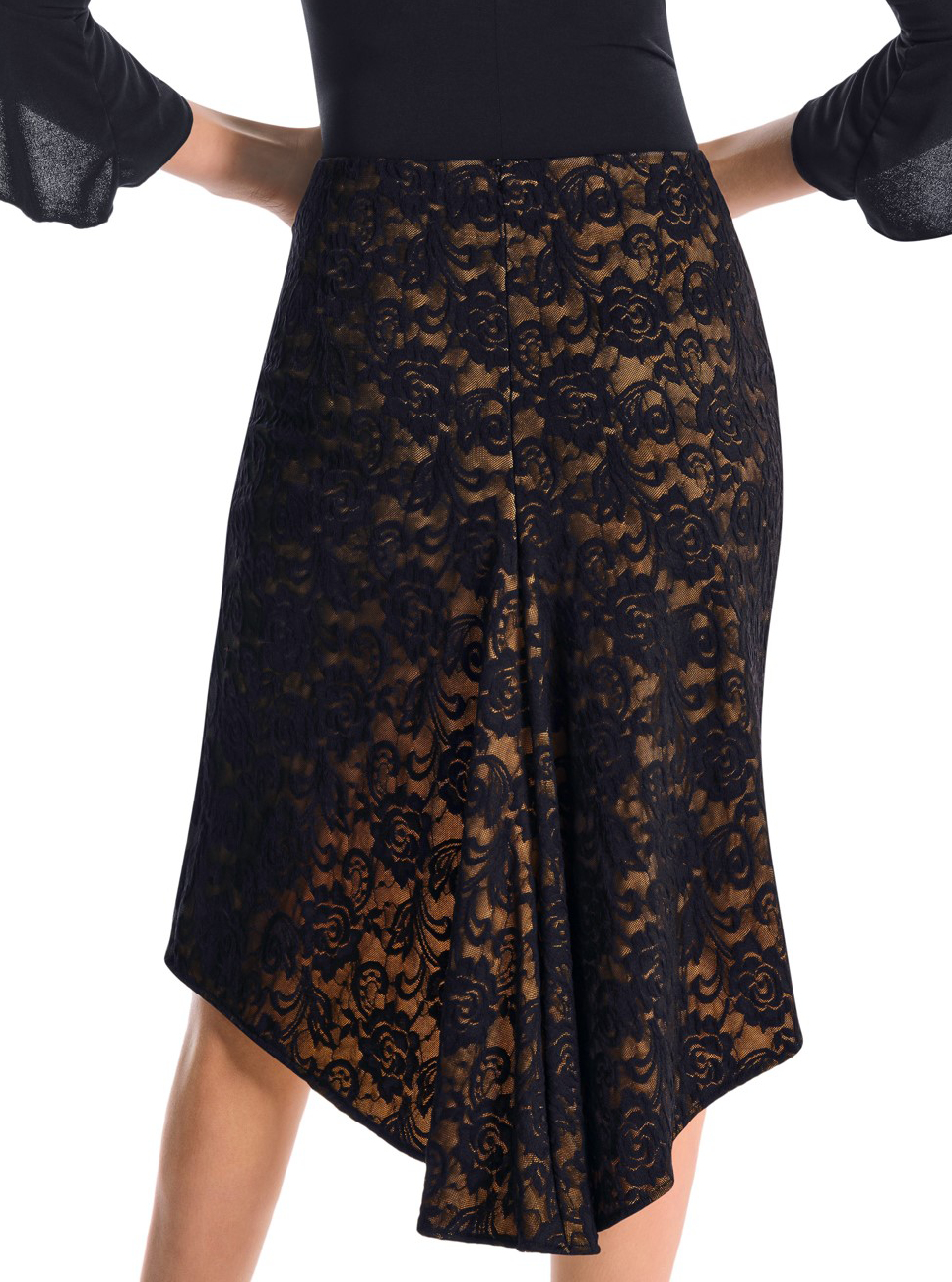 Victoria Blitz CANICATTI Black Latin Practice Skirt with High Front Slit, Asymmetric Cut in Back, and Floral Lace Overlay with Full Nude Lining PRA 719 in Stock