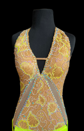Sleeveless Nude Lace Applique Latin Consignment Dress with Deep V-Neckline, Stoning Details, Mesh Inserts, Neon Yellow Fringe Skirt, and Open Back Sz S Lat200
