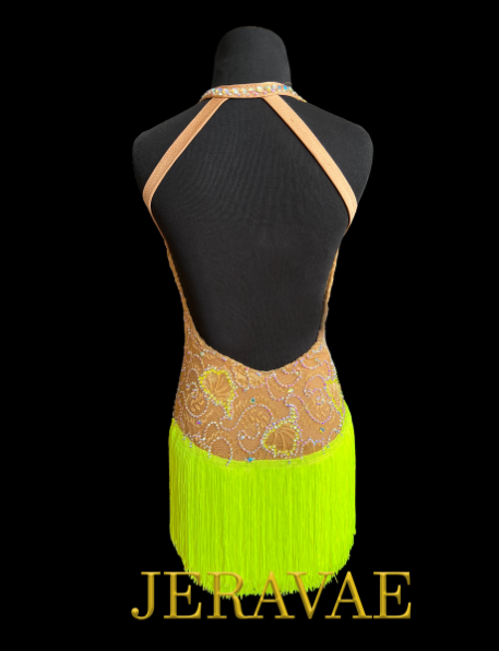 Sleeveless Nude Lace Applique Latin Consignment Dress with Deep V-Neckline, Stoning Details, Mesh Inserts, Neon Yellow Fringe Skirt, and Open Back Sz S Lat200