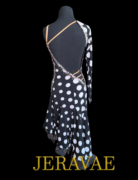 Black and White Polka Dot Latin Costume with side slit and circle design on sides