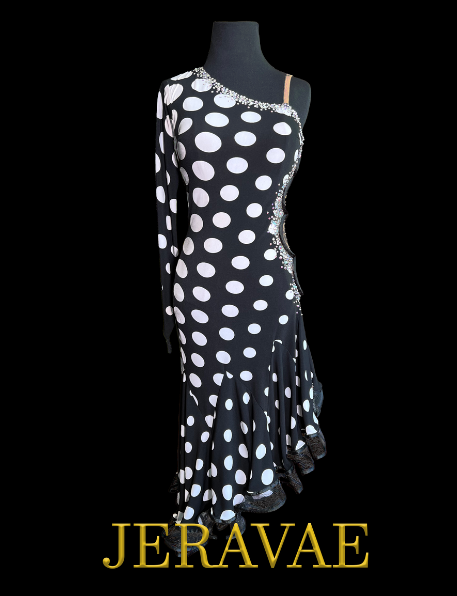 Black and White Polka Dot Latin Dress with One Long Sleeve, Swarovski Stones, Asymmetrical Neckline, Slit in Skirt, and Circle Design on Side Sz S Lat201