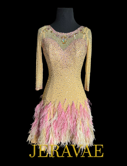 Resale Artistry in Motion Nude Latin Dress with Illusion Neckline, 3/4 Length Sleeves, Stoning Details, and Pink Feather Skirt Sz XS Lat202