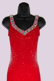 Sleeveless Red Latin Consignment Dress with Stones, Fringe and Feather Hem, and Beautiful Stoned V-Neckline Sz XS Lat205