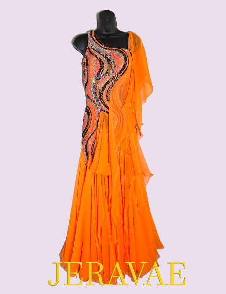 Sleeveless Orange Smooth Ballroom Dress with Lace, Swarovski Stones, Chiffon Skirt, and Semi-Open Back Sz XS Smo222
