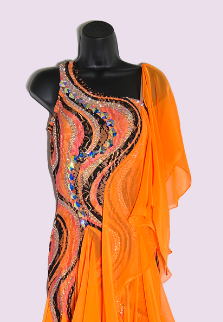 Sleeveless Orange Smooth Ballroom Dress with Lace, Swarovski Stones, Chiffon Skirt, and Semi-Open Back Sz XS Smo222