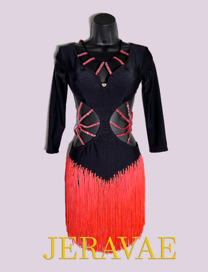 Black latin costume dress with neon coral fringe and stoned straps