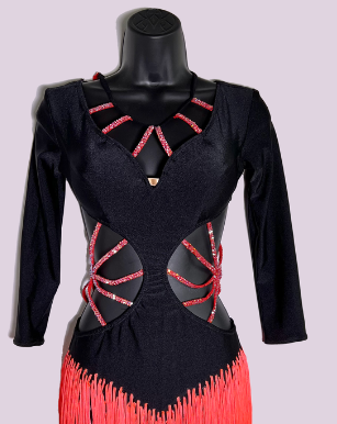 3/4 long sleeved Black latin costume dress with neon coral details with waist cutouts and stoned straps