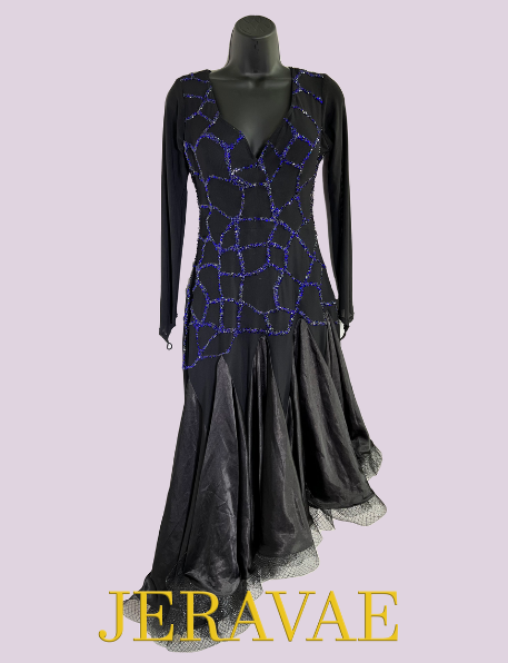 Black mesh Latin costume with long sleeves and blue stones