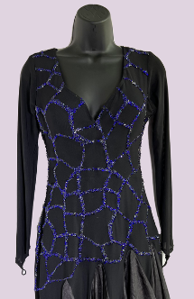 Women's black Latin costume with blue stone geometric pattern and long mesh sleeves
