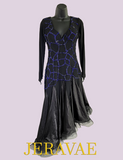 Black Mesh Long Sleeve Latin/All Around Dress with Sweetheart Neckline, Blue Stone Geometric Pattern, Asymmetric Skirt, and Exposed Horsehair Hem Sz M/L Lat210