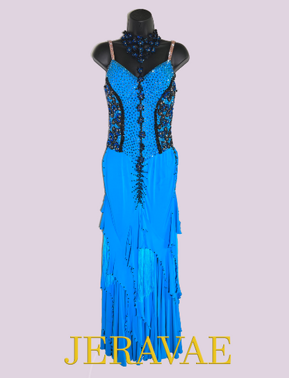 Resale Artistry in Motion Sleeveless Blue Smooth Ballroom Dress with Black Lace Applique Necklace Detail, Fringe, and Slit in Skirt Sz S/M Smo225